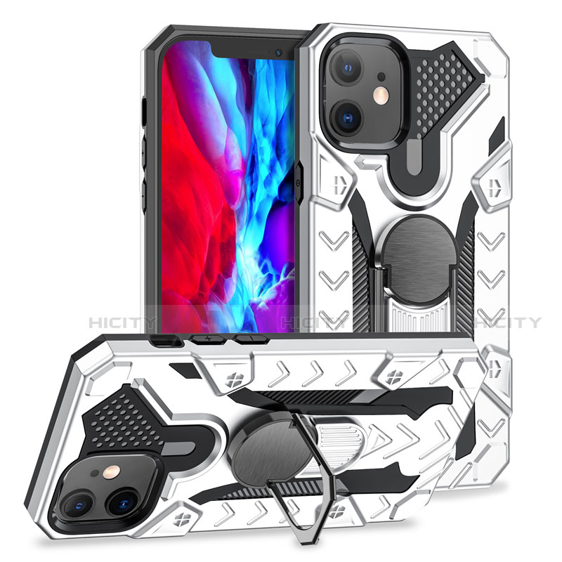 Funda Bumper Silicona y Plastico Mate Carcasa con Magnetico Anillo de dedo Soporte S07 para Apple iPhone 12