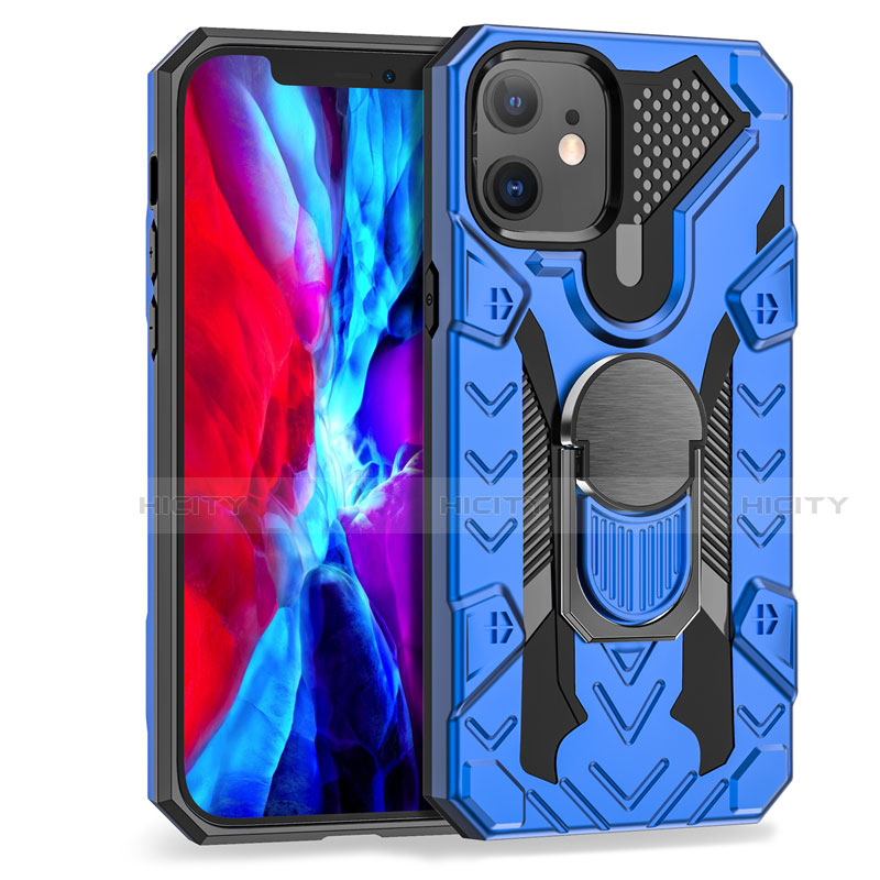 Funda Bumper Silicona y Plastico Mate Carcasa con Magnetico Anillo de dedo Soporte S07 para Apple iPhone 12 Azul