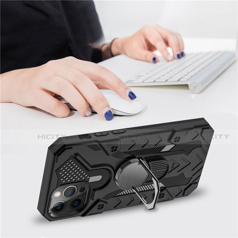 Funda Bumper Silicona y Plastico Mate Carcasa con Magnetico Anillo de dedo Soporte S07 para Apple iPhone 12 Pro Max