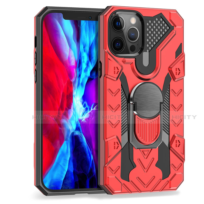 Funda Bumper Silicona y Plastico Mate Carcasa con Magnetico Anillo de dedo Soporte S07 para Apple iPhone 12 Pro Max Rojo