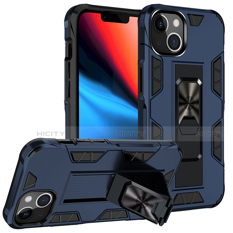 Funda Bumper Silicona y Plastico Mate Carcasa con Magnetico Anillo de dedo Soporte S07 para Apple iPhone 13 Azul