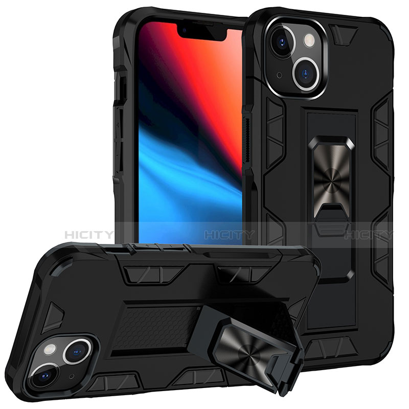 Funda Bumper Silicona y Plastico Mate Carcasa con Magnetico Anillo de dedo Soporte S07 para Apple iPhone 13 Mini Negro