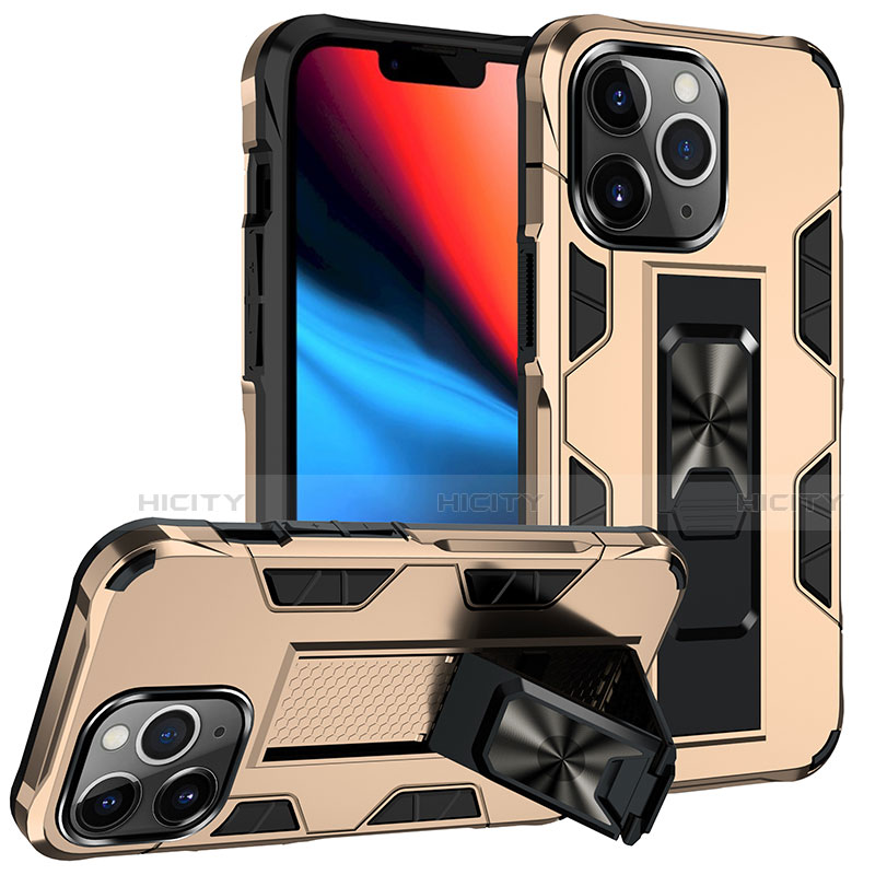 Funda Bumper Silicona y Plastico Mate Carcasa con Magnetico Anillo de dedo Soporte S07 para Apple iPhone 13 Pro Oro