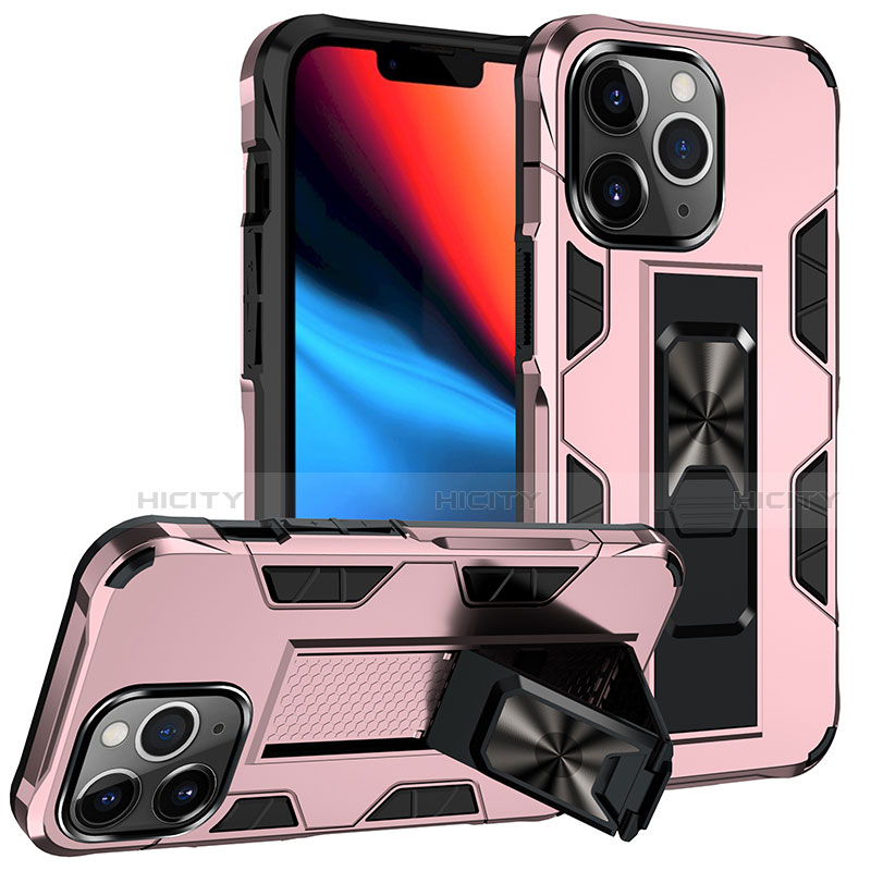 Funda Bumper Silicona y Plastico Mate Carcasa con Magnetico Anillo de dedo Soporte S07 para Apple iPhone 13 Pro Oro Rosa