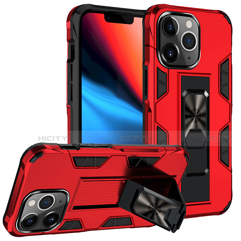 Funda Bumper Silicona y Plastico Mate Carcasa con Magnetico Anillo de dedo Soporte S07 para Apple iPhone 13 Pro Rojo