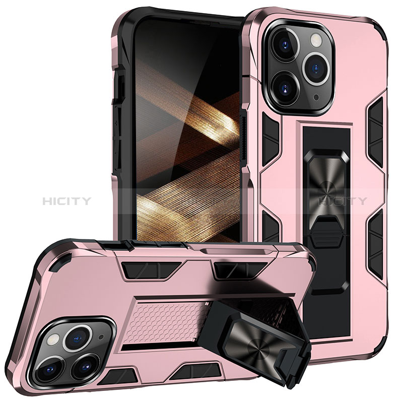 Funda Bumper Silicona y Plastico Mate Carcasa con Magnetico Anillo de dedo Soporte S07 para Apple iPhone 14 Pro Max Oro Rosa