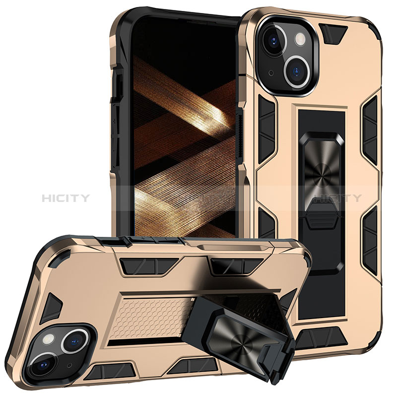 Funda Bumper Silicona y Plastico Mate Carcasa con Magnetico Anillo de dedo Soporte S07 para Apple iPhone 15 Plus Oro