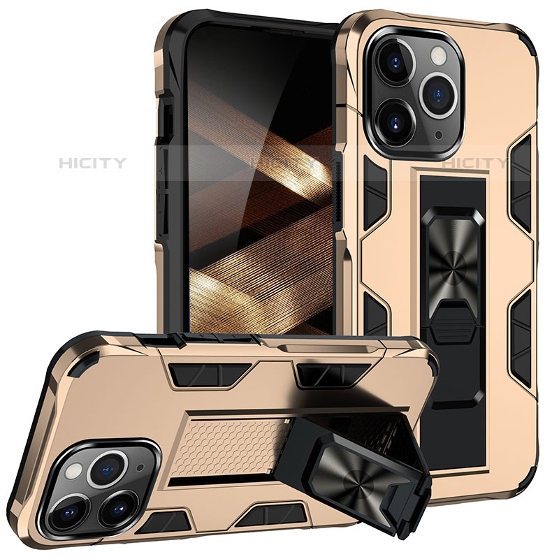 Funda Bumper Silicona y Plastico Mate Carcasa con Magnetico Anillo de dedo Soporte S07 para Apple iPhone 15 Pro Max Oro