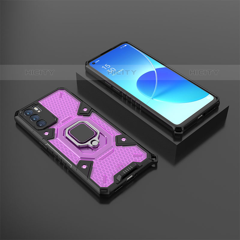 Funda Bumper Silicona y Plastico Mate Carcasa con Magnetico Anillo de dedo Soporte S07 para Oppo Reno6 5G Morado