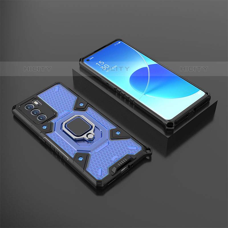 Funda Bumper Silicona y Plastico Mate Carcasa con Magnetico Anillo de dedo Soporte S07 para Oppo Reno6 Pro 5G India Azul