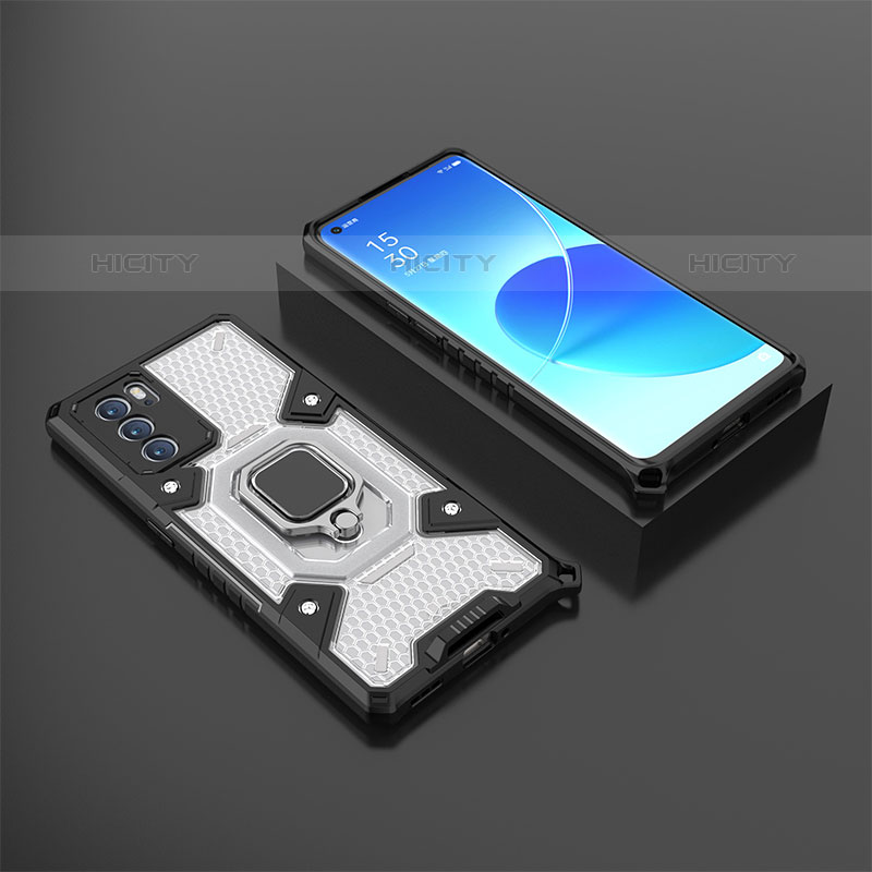 Funda Bumper Silicona y Plastico Mate Carcasa con Magnetico Anillo de dedo Soporte S07 para Oppo Reno6 Pro 5G India Negro