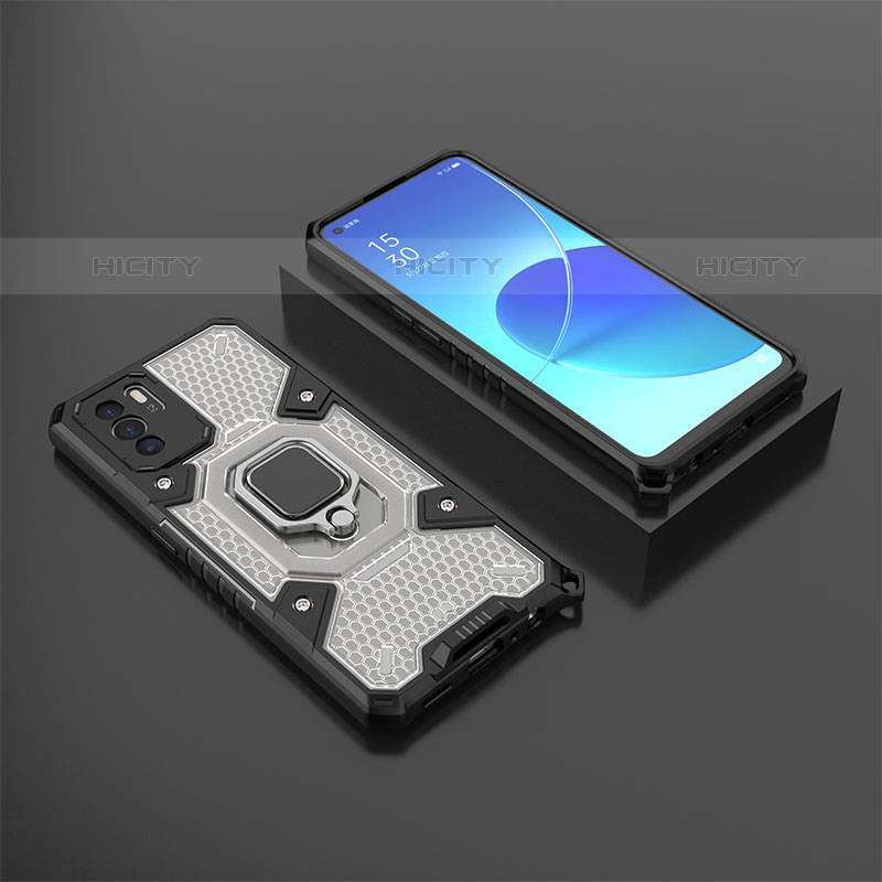 Funda Bumper Silicona y Plastico Mate Carcasa con Magnetico Anillo de dedo Soporte S07 para Oppo Reno6 Z 5G Gris