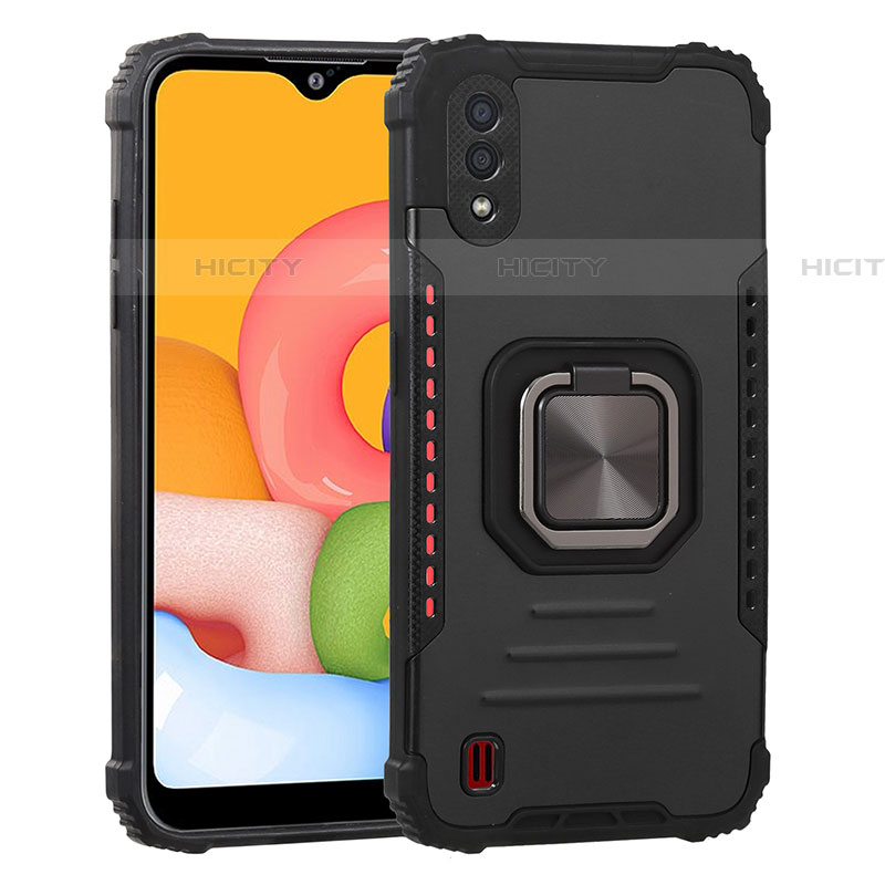 Funda Bumper Silicona y Plastico Mate Carcasa con Magnetico Anillo de dedo Soporte S07 para Samsung Galaxy A01 SM-A015 Negro