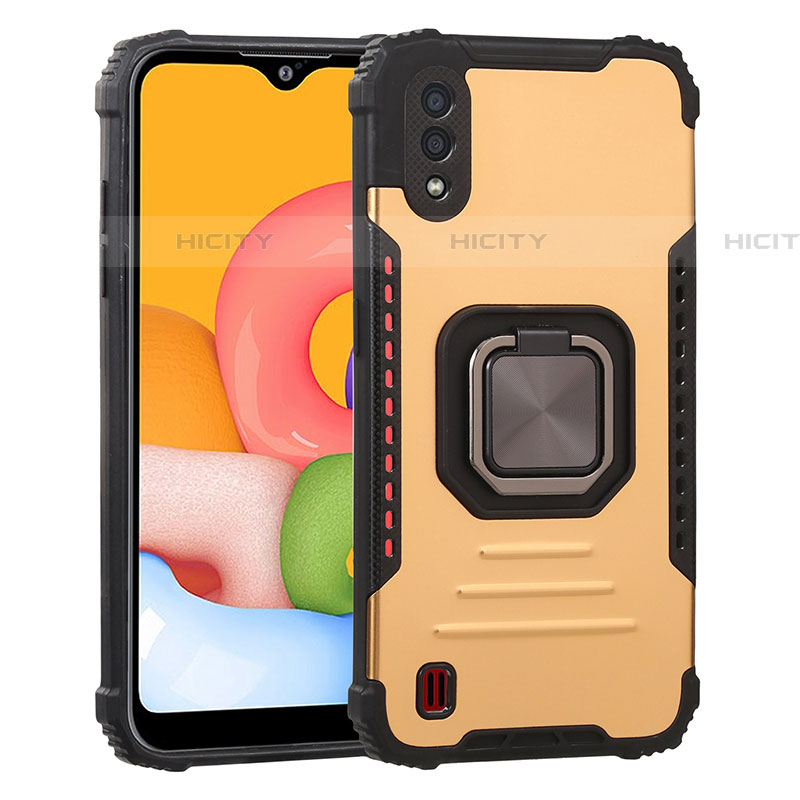 Funda Bumper Silicona y Plastico Mate Carcasa con Magnetico Anillo de dedo Soporte S07 para Samsung Galaxy A01 SM-A015 Oro