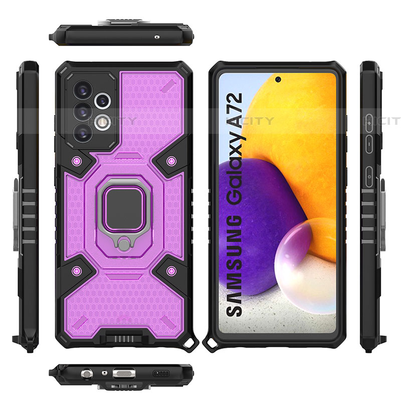 Funda Bumper Silicona y Plastico Mate Carcasa con Magnetico Anillo de dedo Soporte S07 para Samsung Galaxy A72 4G Morado