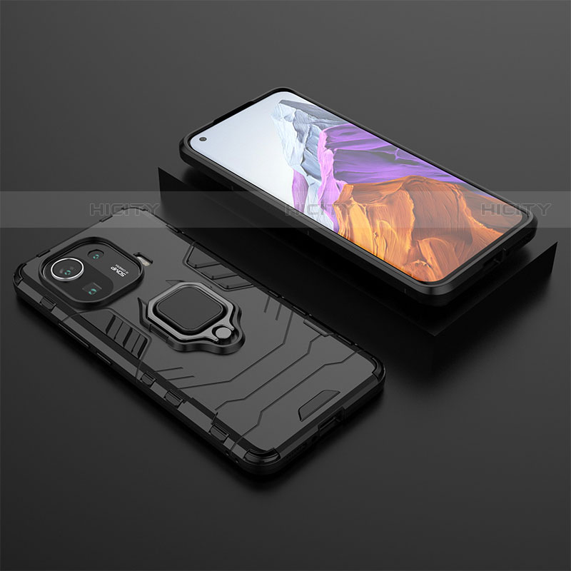 Funda Bumper Silicona y Plastico Mate Carcasa con Magnetico Anillo de dedo Soporte S07 para Xiaomi Mi 11 Pro 5G Negro