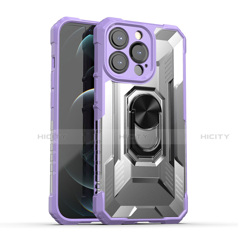 Funda Bumper Silicona y Plastico Mate Carcasa con Magnetico Anillo de dedo Soporte S08 para Apple iPhone 13 Pro