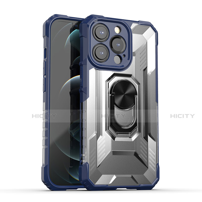 Funda Bumper Silicona y Plastico Mate Carcasa con Magnetico Anillo de dedo Soporte S08 para Apple iPhone 13 Pro Max Azul