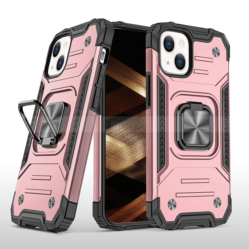 Funda Bumper Silicona y Plastico Mate Carcasa con Magnetico Anillo de dedo Soporte S08 para Apple iPhone 15 Oro Rosa