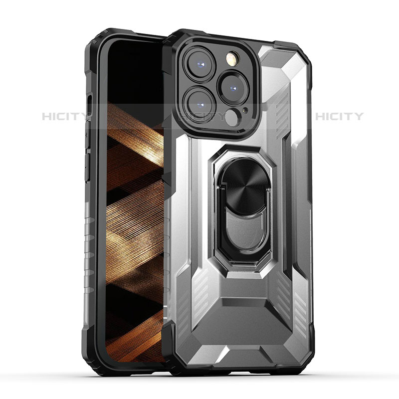 Funda Bumper Silicona y Plastico Mate Carcasa con Magnetico Anillo de dedo Soporte S08 para Apple iPhone 15 Pro