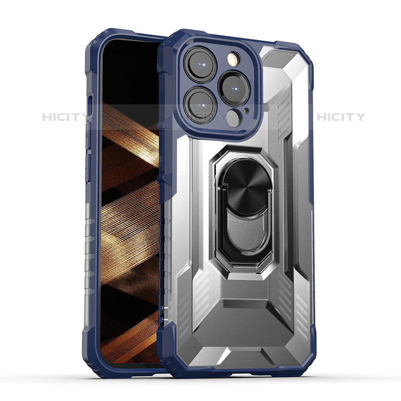 Funda Bumper Silicona y Plastico Mate Carcasa con Magnetico Anillo de dedo Soporte S08 para Apple iPhone 15 Pro Azul