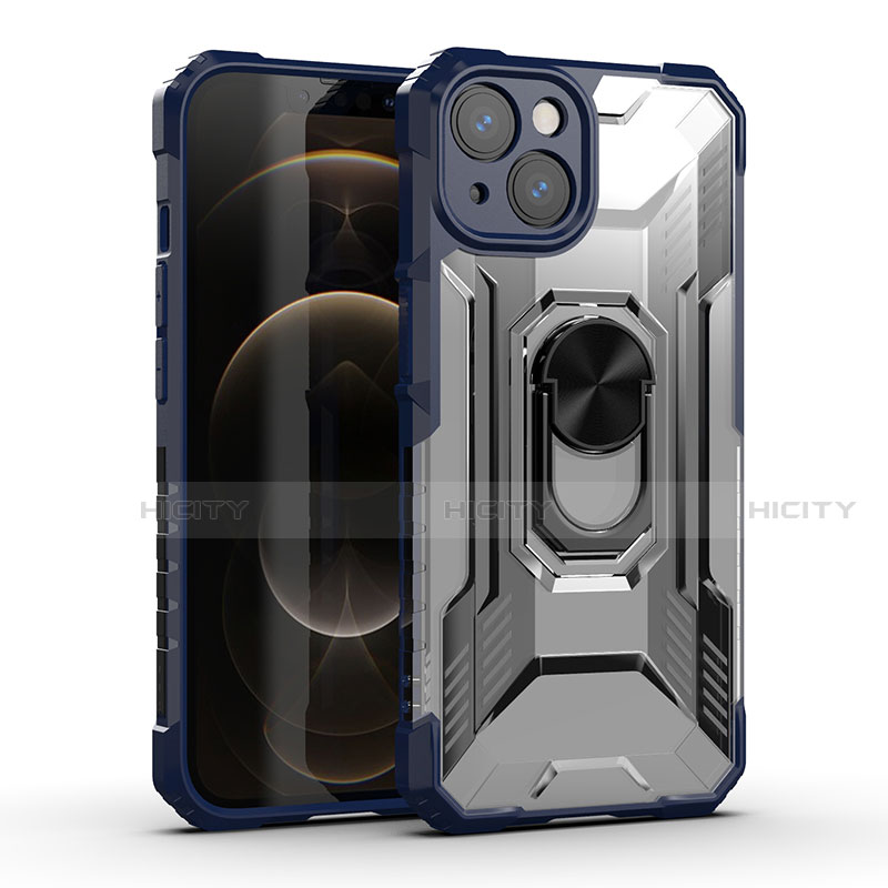 Funda Bumper Silicona y Plastico Mate Carcasa con Magnetico Anillo de dedo Soporte S09 para Apple iPhone 14 Azul