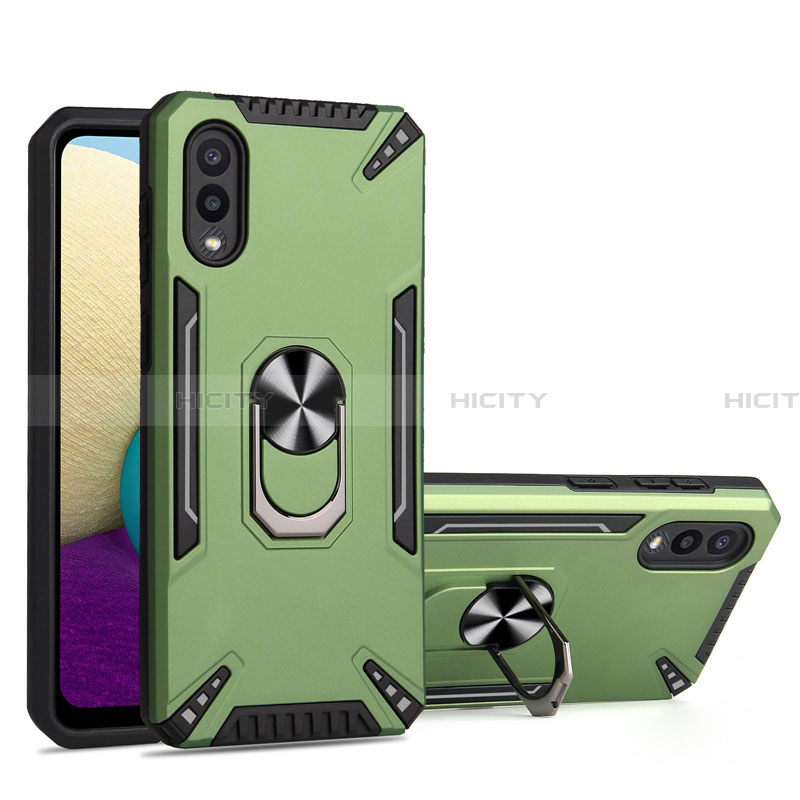 Funda Bumper Silicona y Plastico Mate Carcasa con Magnetico Anillo de dedo Soporte T01 para Samsung Galaxy A02 Verde