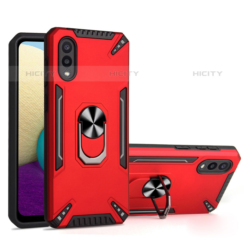 Funda Bumper Silicona y Plastico Mate Carcasa con Magnetico Anillo de dedo Soporte T01 para Samsung Galaxy M02 Rojo