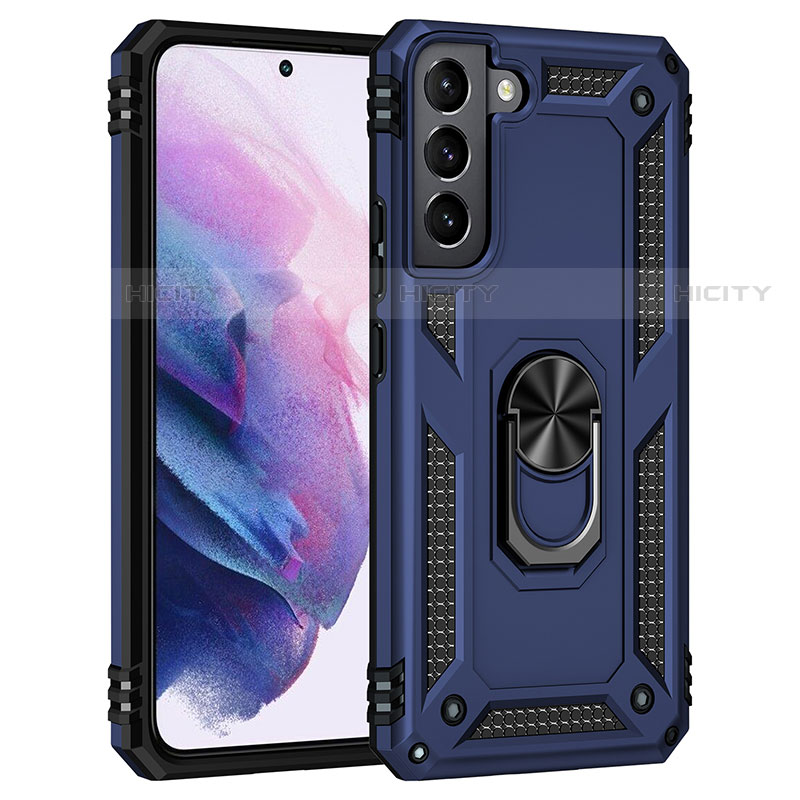 Funda Bumper Silicona y Plastico Mate Carcasa con Magnetico Anillo de dedo Soporte T02 para Samsung Galaxy S21 Plus 5G Azul