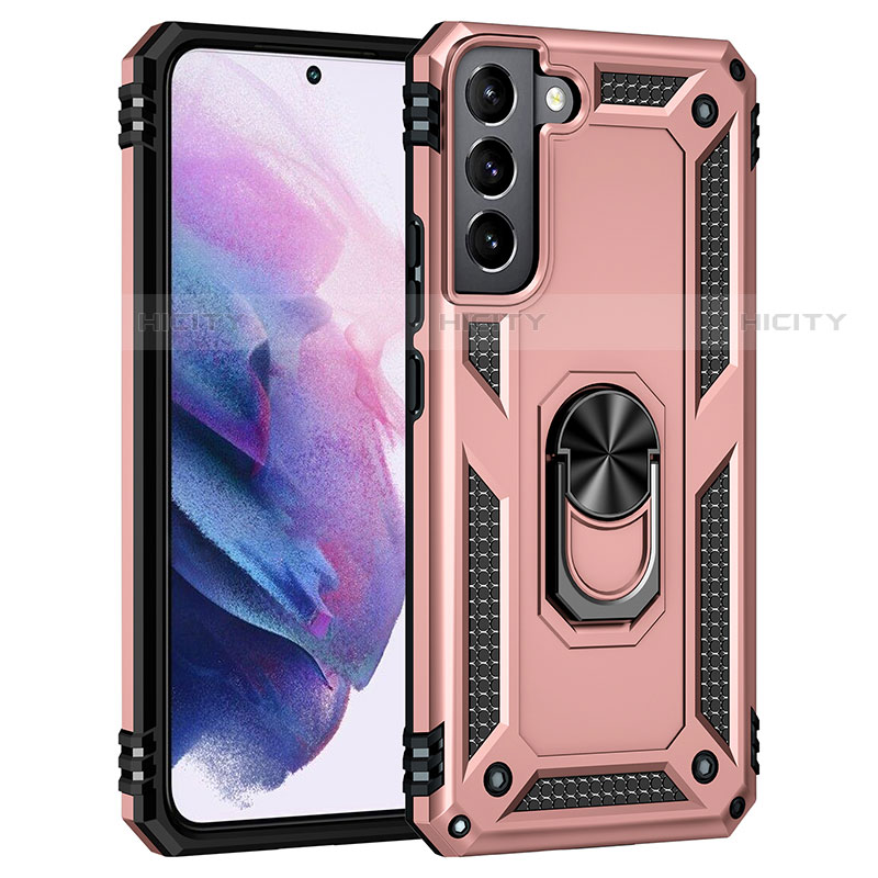 Funda Bumper Silicona y Plastico Mate Carcasa con Magnetico Anillo de dedo Soporte T02 para Samsung Galaxy S21 Plus 5G Oro Rosa