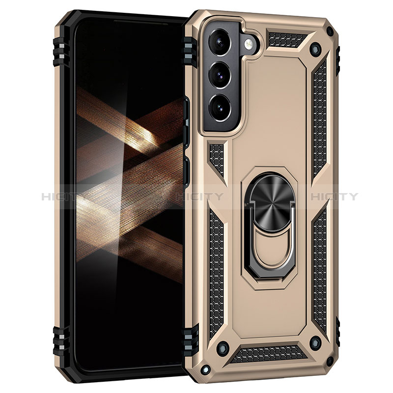 Funda Bumper Silicona y Plastico Mate Carcasa con Magnetico Anillo de dedo Soporte T02 para Samsung Galaxy S24 Plus 5G Oro