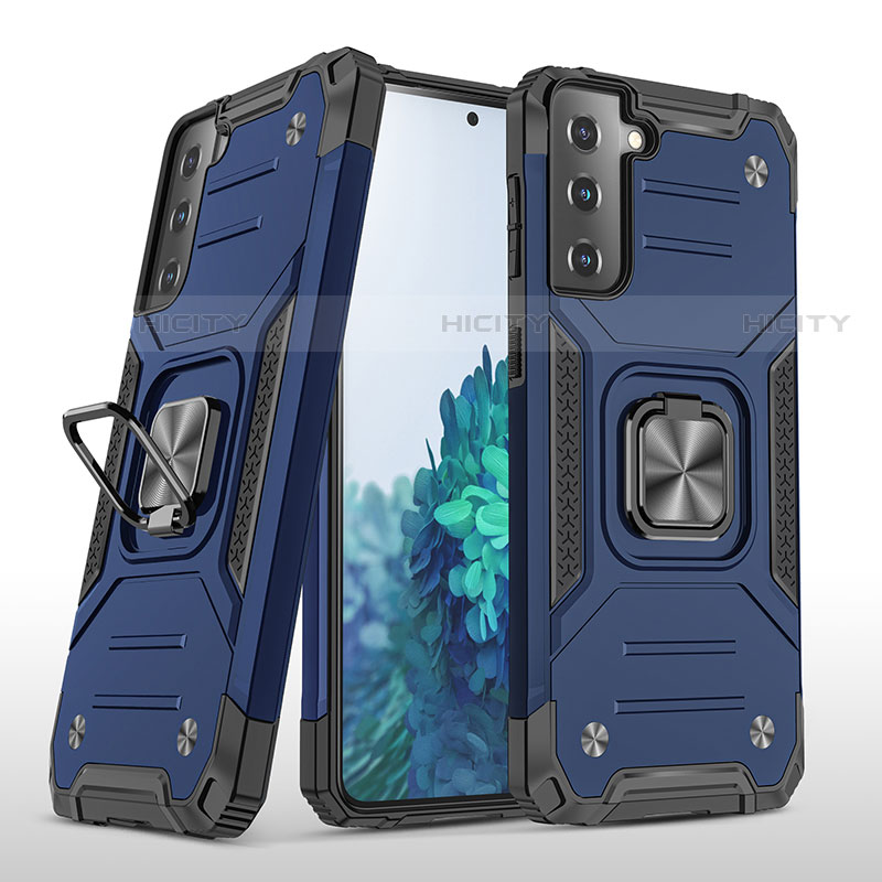 Funda Bumper Silicona y Plastico Mate Carcasa con Magnetico Anillo de dedo Soporte T04 para Samsung Galaxy S21 5G Azul