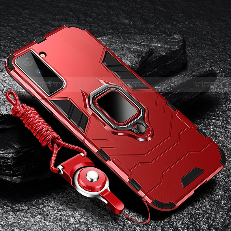 Funda Bumper Silicona y Plastico Mate Carcasa con Magnetico Anillo de dedo Soporte T06 para Samsung Galaxy S21 5G Rojo