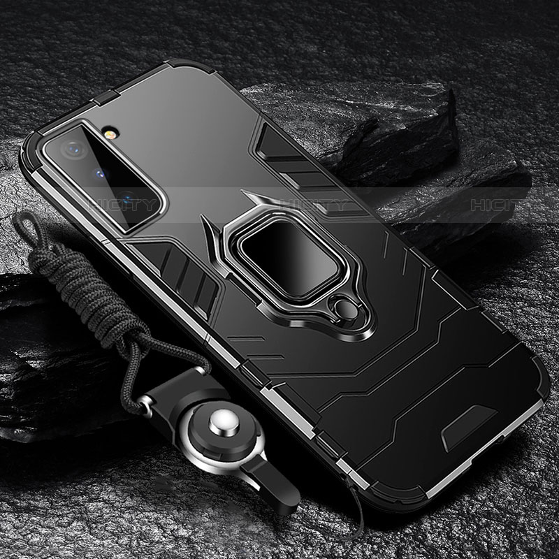 Funda Bumper Silicona y Plastico Mate Carcasa con Magnetico Anillo de dedo Soporte T06 para Samsung Galaxy S21 FE 5G Negro