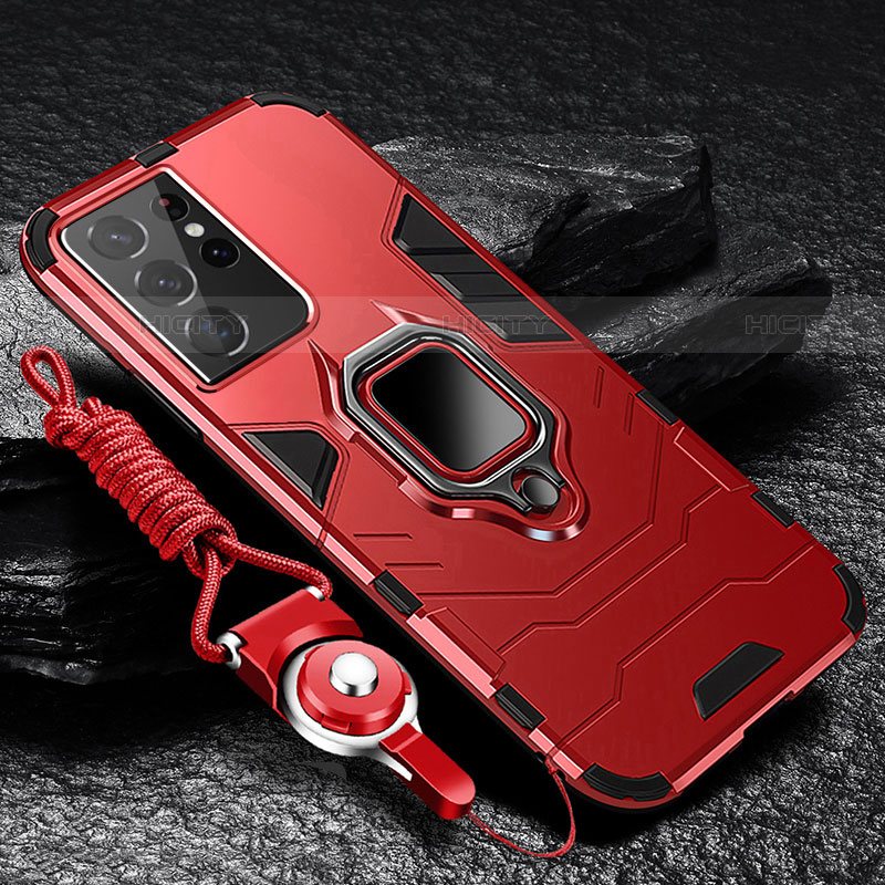 Funda Bumper Silicona y Plastico Mate Carcasa con Magnetico Anillo de dedo Soporte T06 para Samsung Galaxy S23 Ultra 5G Rojo