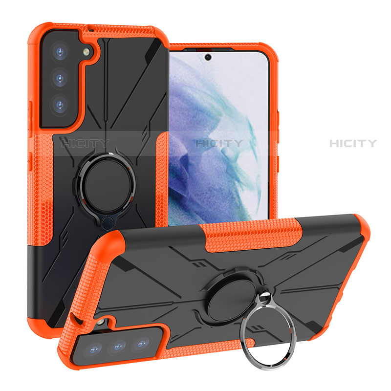 Funda Bumper Silicona y Plastico Mate Carcasa con Magnetico Anillo de dedo Soporte T08 para Samsung Galaxy S21 5G Naranja