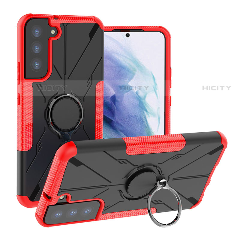 Funda Bumper Silicona y Plastico Mate Carcasa con Magnetico Anillo de dedo Soporte T08 para Samsung Galaxy S21 5G Rojo