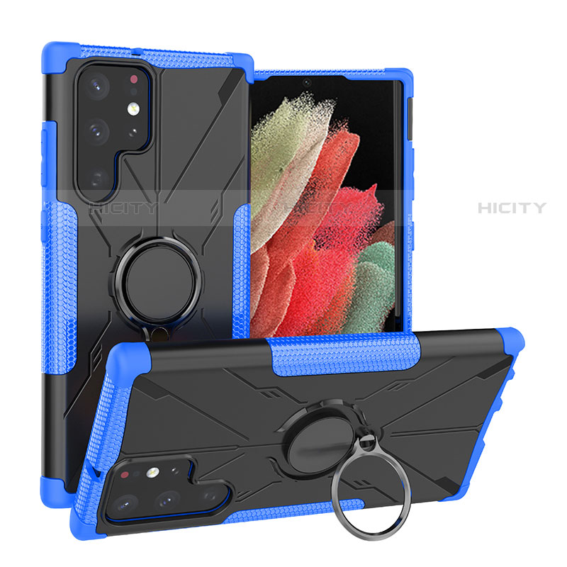 Funda Bumper Silicona y Plastico Mate Carcasa con Magnetico Anillo de dedo Soporte T08 para Samsung Galaxy S21 Ultra 5G Azul