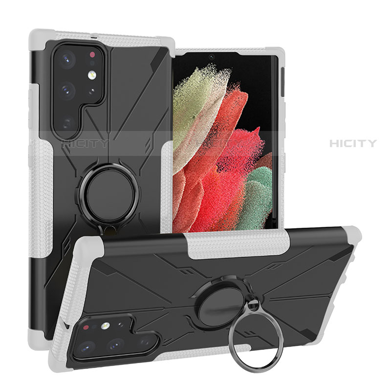 Funda Bumper Silicona y Plastico Mate Carcasa con Magnetico Anillo de dedo Soporte T08 para Samsung Galaxy S22 Ultra 5G Gris