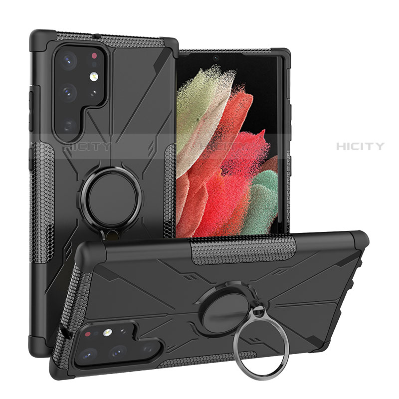 Funda Bumper Silicona y Plastico Mate Carcasa con Magnetico Anillo de dedo Soporte T08 para Samsung Galaxy S23 Ultra 5G Negro