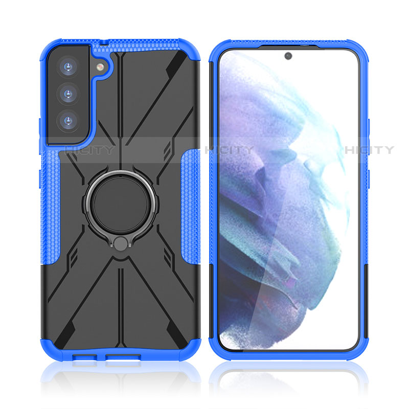 Funda Bumper Silicona y Plastico Mate Carcasa con Magnetico Anillo de dedo Soporte T09 para Samsung Galaxy S21 FE 5G Azul