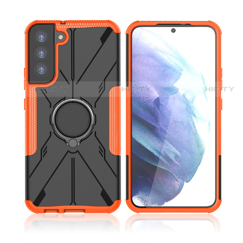 Funda Bumper Silicona y Plastico Mate Carcasa con Magnetico Anillo de dedo Soporte T09 para Samsung Galaxy S21 Plus 5G Naranja