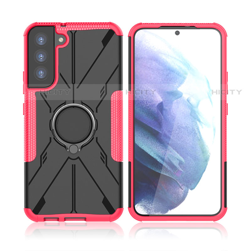 Funda Bumper Silicona y Plastico Mate Carcasa con Magnetico Anillo de dedo Soporte T09 para Samsung Galaxy S21 Plus 5G Rosa Roja