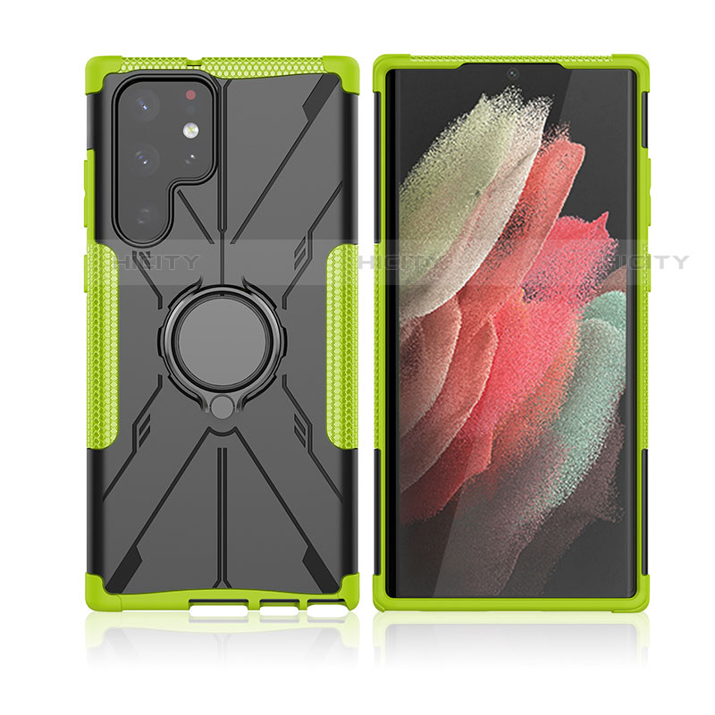 Funda Bumper Silicona y Plastico Mate Carcasa con Magnetico Anillo de dedo Soporte T09 para Samsung Galaxy S21 Ultra 5G