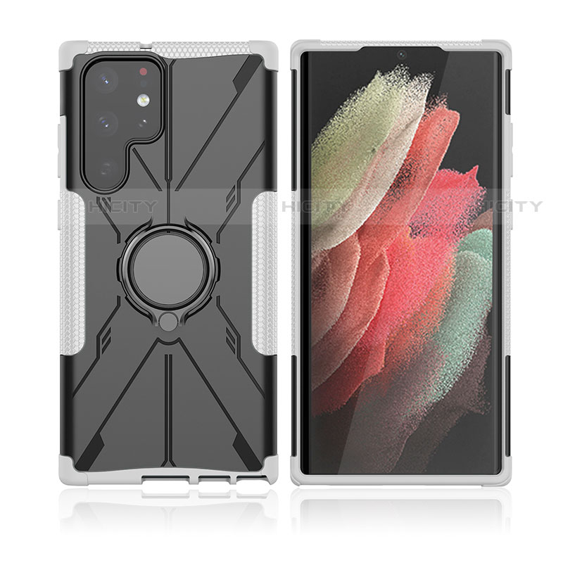 Funda Bumper Silicona y Plastico Mate Carcasa con Magnetico Anillo de dedo Soporte T09 para Samsung Galaxy S23 Ultra 5G Gris