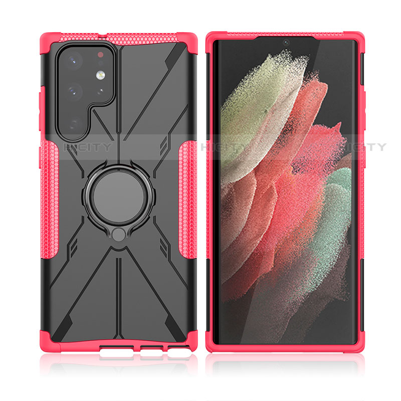 Funda Bumper Silicona y Plastico Mate Carcasa con Magnetico Anillo de dedo Soporte T09 para Samsung Galaxy S23 Ultra 5G Rosa Roja