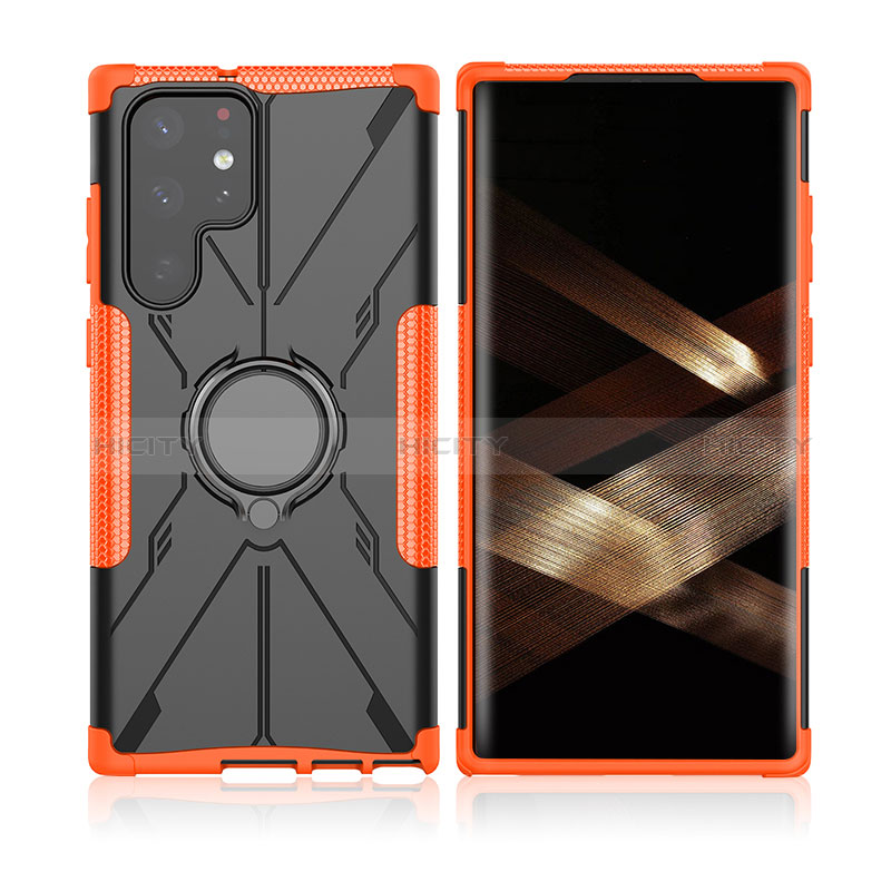 Funda Bumper Silicona y Plastico Mate Carcasa con Magnetico Anillo de dedo Soporte T09 para Samsung Galaxy S24 Ultra 5G Naranja