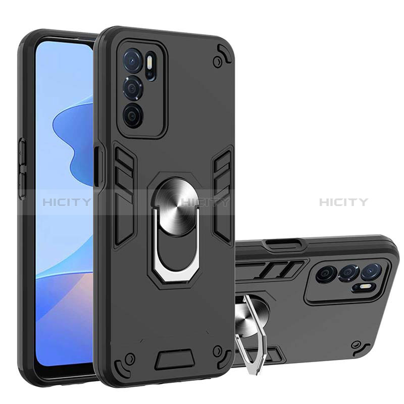 Funda Bumper Silicona y Plastico Mate Carcasa con Magnetico Anillo de dedo Soporte Y01B para Oppo A16 Negro