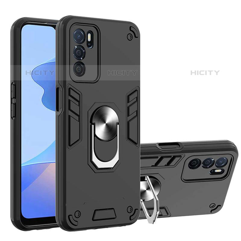 Funda Bumper Silicona y Plastico Mate Carcasa con Magnetico Anillo de dedo Soporte Y01B para Oppo A16s Negro