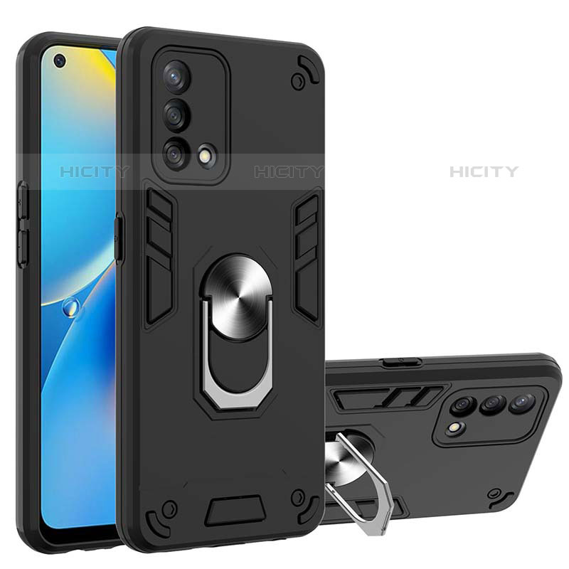 Funda Bumper Silicona y Plastico Mate Carcasa con Magnetico Anillo de dedo Soporte Y01B para Oppo Reno6 Lite Negro